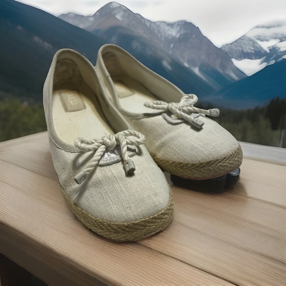 UGG Australia Chivon Linen Espadrille Flats Cream Nautical‎ Rope Bow 1004111